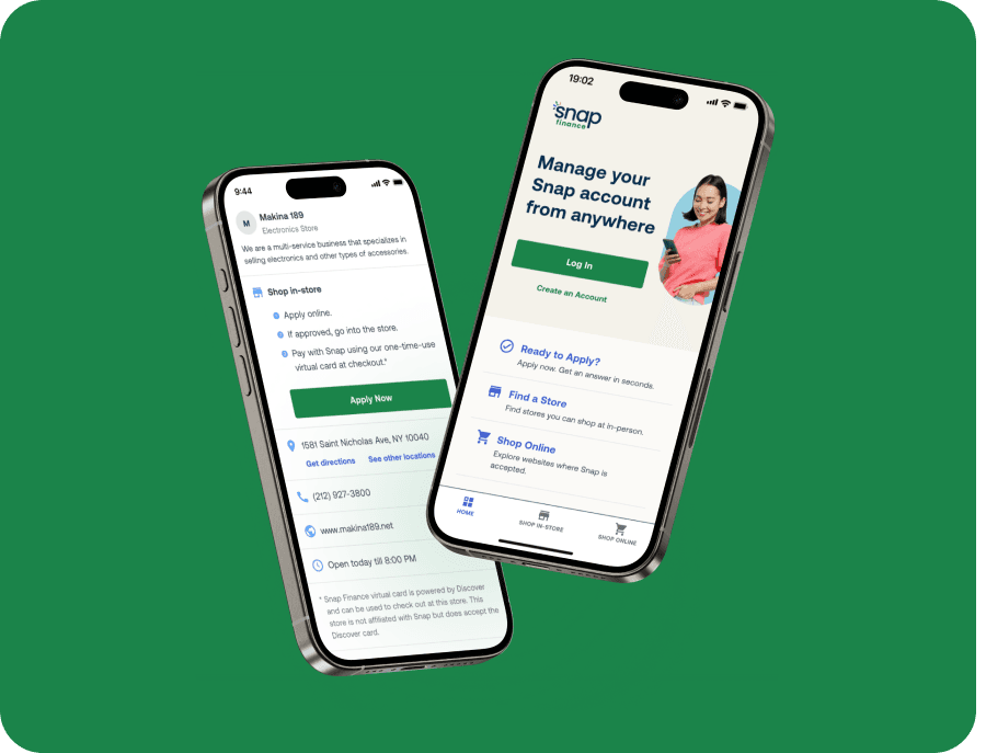 Two smartphones displaying a Snap app interface, one for account management, the other showing location and contact details for a service store.